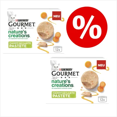Purina Gourmet nature's creations Dampfgegarte Pastete, 12x. Rød cirkel med procenttegn indikerer tilbud. Synlig tekst: NEU.