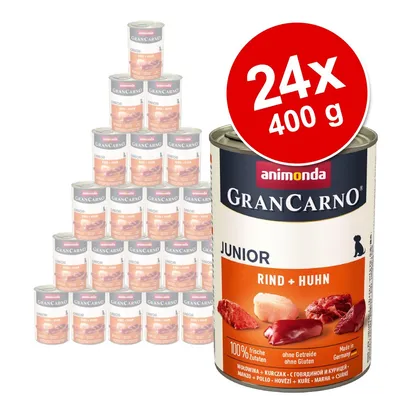 Zestaw 24 puszek po 400 g Animonda GranCarno Junior Rind + Huhn. Widoczne napisy: 100% frische Zutaten, ohne Getreide ohne Gluten, Made in Germany.