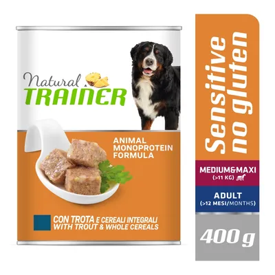 Natural Trainer Animal Monoprotein Formula con trota e cereali integrali, Sensitive no gluten, Medium&Maxi (>11 kg), Adult (>12 mesi), 400 g