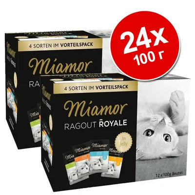 Упаковка Miamor Ragout Royale, 24×100 г, 4 сорта в ассортименте. На коробке изображён кот и пакетики корма. Надпись: 4 Sorten im Vorteilspack, In Jelly, 12×100g Beutel.