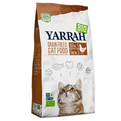 Yarrah BIO Grain Free Cat Food, protéines 31 %, matières grasses 14 %, texte en anglais, labels bio et Beter Leven, sac avec photo de chat. Mention 100 % recyclable visible.
