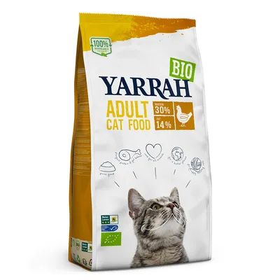 Yarrah BIO Adult Cat Food, protein 30 %, fedt 14 %, billede af kylling, 100 % recyclable packaging, Beter Leven, EU-økologimærke, foto af kat på posen