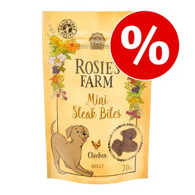 Rosie's Farm Mini Steak Bites Chicken Adult 70 г, беззърнеста рецепта. Изображение на опаковката с парченца месо и символ за процентна отстъпка. Rosie's Farm Mini Steak Bites Chicken Adult 70 г, беззърнеста рецепта. Изображение на опаковката с парченца месо и символ за процентна отстъпка.