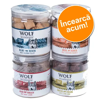 Patru borcane Wolf of Wilderness: Blue River 100% Salmon Fillet, Wide Acres 100% Chicken Hearts, High Valley 100% Beef Liver, Green Fields 100% Lamb Lung. Etichetă portocalie: Încearcă acum!