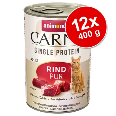 Conservă Animonda Carny Single Protein Adult Rind Pur, imagine cu pisică și carne de vită, text vizibil: 12x400 g, fără cereale, 100% ingrediente proaspete, produs în Germania.