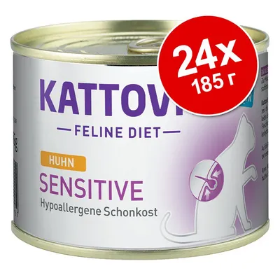 Консерва Kattovit Feline Diet Sensitive Huhn, 24×185 г. Видим текст: Hypoallergene Schonkost.