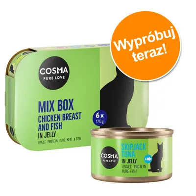 COSMA PURE LOVE MIX BOX Chicken Breast and Fish in Jelly 6×170g, puszka Skipjack Tuna in Jelly. Pomarańczowe koło z napisem: Wypróbuj teraz!