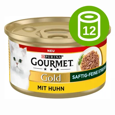 Purina Gourmet Gold mit Huhn, puszka z białym kotem na etykiecie, napis SAFTIG-FEINE STREIFEN, zielona ikona 12 sztuk