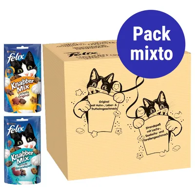 Pack mixto Felix Knabber Mix para gatos. Incluye bolsas Leckerlis Original y Leckerlis Strandspaß. Caja con ilustraciones de gatos y texto en alemán sobre sabores.