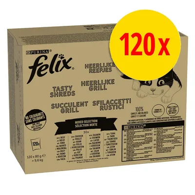 Purina Felix Tasty Shreds, Mixed Selection, 120x80g. Ohne Farbstoffe, 100% komplett und ausgewogen. Sorten: Huhn, Rind, Lachs, Thunfisch in Sauce.