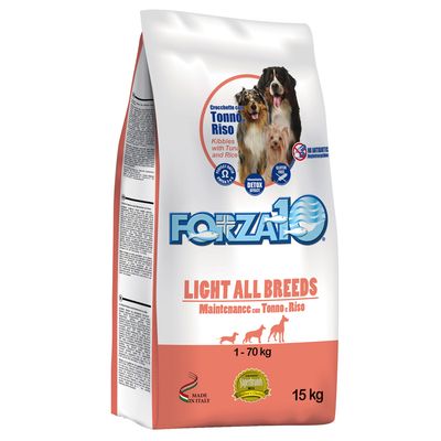 Sac Forza10 Light All Breeds Maintenance con Tonno e Riso, croquettes pour chiens 1–70 kg, 15 kg. Texte visible : gluten free, detox effect, made in Italy.