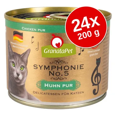Conservă GranataPet Symphonie No.5 Huhn pur pentru pisici, 24x200 g, fără cereale, fabricat în Germania. Text vizibil: Delicatessen für Katzen, Chicken pur. Conservă GranataPet Symphonie No.5 Huhn pur pentru pisici, 24x200 g, fără cereale, fabricat în Germania. Text vizibil: Delicatessen für Katzen, Chicken pur.