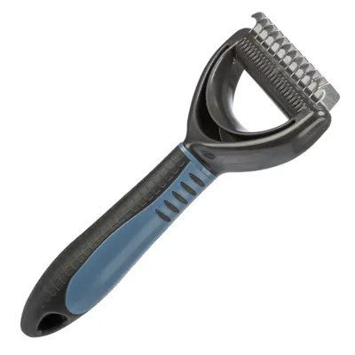 Detangling comb with ergonomic handle, black and blue plastic parts, metal teeth for coat care.