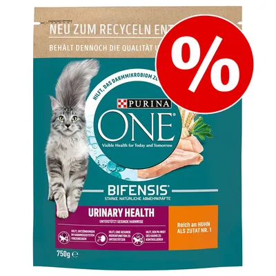 Pachet Purina ONE Bifensis Urinary Health, 750g, cu imagine de pisică și pui. Text vizibil: 'Reich an Huhn als Zutat Nr. 1', simbol procent mare pe colțul dreapta sus.