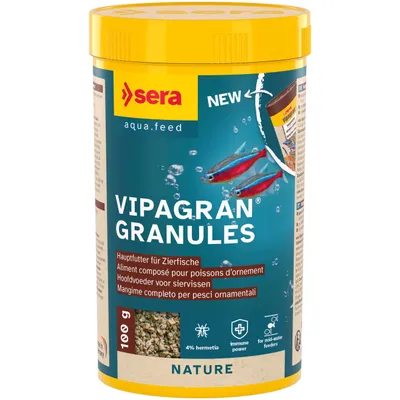 sera aqua.feed VIPAGRAN GRANULES Hovedfoder til prydfisk, 100 g, 4% hermetia, immunstyrke, til fisk der fodres i midtvandet, NATURE