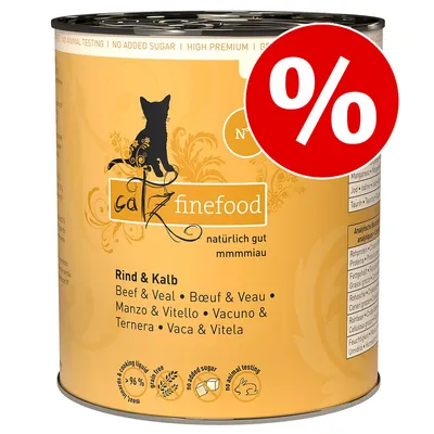 Conservă catz finefood Rind & Kalb (Vaca & Vitela), etichetă cu text promoțional „%”. Fără zahăr adăugat, fără teste pe animale, conținut carne ≥96%.