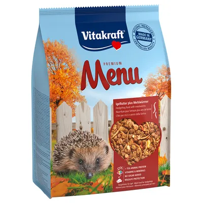 Vitakraft Premium Menu, храна за таралежи плюс брашнени червеи. Произведено в Германия, 75% животински протеин, витамини и минерали, без добавена захар, защита на дивата природа.