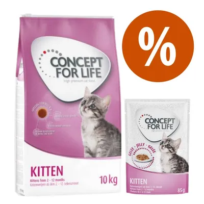 Concept for Life Kitten, balenie 10 kg a kapsička 85 g pre mačiatka od 2 do 12 mesiacov, fialové obaly s obrázkom mačiatka, symbol percenta v oranžovom kruhu.