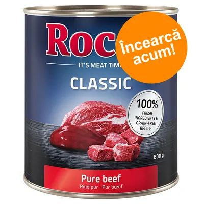 Conservă Rocco Classic Pure beef 800 g, etichetă cu text: 100% fresh ingredients & grain-free recipe, Pure beef, Încercă acum!