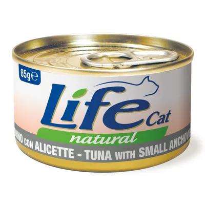 Boîte de 85 g Life Cat natural, thon avec petites anchois. Texte visible : 'TONNO CON ALICETTE - TUNA WITH SMALL ANCHOVIES'.