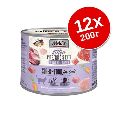 Консерва MAC's Kitten Pute, Rind & Ente за котенца, 12×200 г. Видими надписи: Turkey, Beef & Duck, Super Food for Cats, Grainfree, High Meat Content, Made in Germany.