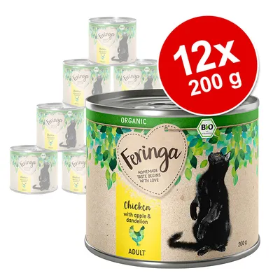 Feringa Organic Chicken with apple & dandelion ADULT, 12x200 g dåser kattemad. Tekst: HOMEMADE TASTE BEGINS WITH LOVE, BIO. Billede af sort kat på emballagen.