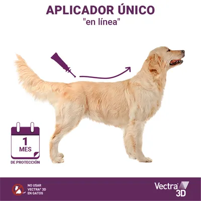 Aplicador único en línea para perros Vectra 3D, protección 1 mes. No usar Vectra 3D en gatos. Imagen de perro con indicación de aplicación.