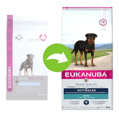 Imagine comparativă ambalaj vechi și nou hrană uscată pentru câini Eukanuba Breed Specific Rottweiler, Adult, 12 kg. Text vizibil: Premium dry food, +1 Year.