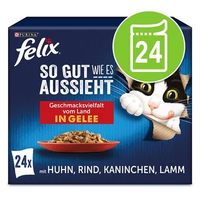 Purina Felix So gut wie es aussieht, 24x natvoer in gelei met kip, rund, konijn, lam. Tekst op verpakking deels in het Duits: Geschmacksvielfalt vom Land IN GELEE.