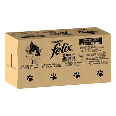 Purina Felix Smíšený výběr v želé. 15x s hovězím, kuřecím, tuňákem, treskou. 100% vyvážené složky bez umělých aromat. Balení s motivem kočky a otisky tlapek.