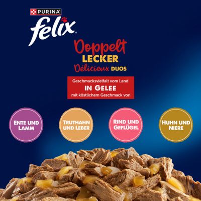 Jumbopack Felix "Aussi bon que beau" 120 x 85 g pour chat - Délicieux duo (bœuf & volaille, dinde & foie, poulet & reins, canard & agneau)
