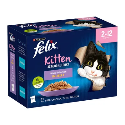 Kitten food mixed selection in jelly, suitable for 2-12 months, includes beef, chicken, tuna and salmon, no colourants, 12 portions. Product packaging shows food on a plate.