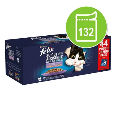 Cutie Felix So Gut Wie Es Aussieht, 44 plicuri, selecție mixtă în jeleu. Inscripție pe fundal verde: 132. Text vizibil: Rind, Huhn, Lachs, Thunfisch. Imagine cu pisică și bol cu hrană.