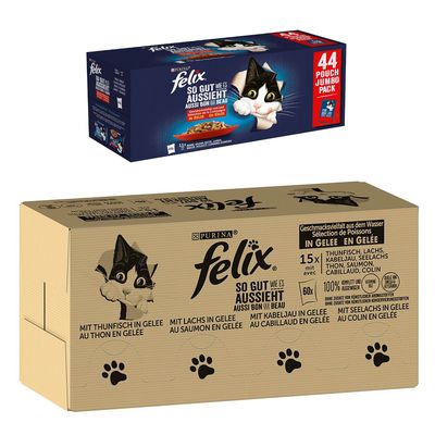 120 x 85 g/80 g Jumbopack Felix + 44 x 85 g Pouches gratis! 120 x 85 g "So gut wie es aussieht" Fisch Mix 1 + 44 x 85 g Huhn, Rind, Ente, Lamm