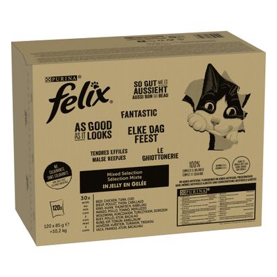 Purina Felix As Good As It Looks. 120 pouches with beef, chicken, tuna and salmon in jelly. 100% balanced ingredients without artificial flavourings.