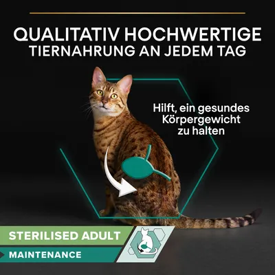 Qualitativ hochwertige Tiernahrung für sterilisierte erwachsene Katzen. Hilft, ein gesundes Körpergewicht zu halten. Kategorie: Sterilised Adult Maintenance.