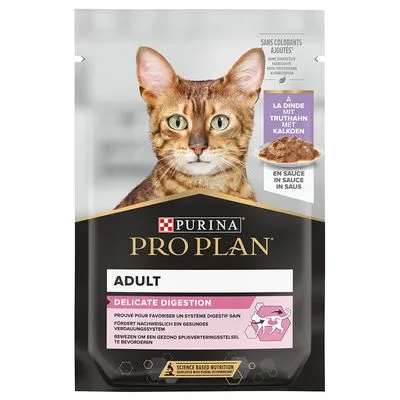 Purina Pro Plan Adult Delicate Digestion kattenvoer met kalkoen in saus. Zonder toegevoegde kleurstoffen. Bewezen om een gezond spijsverteringsstelsel te bevorderen.