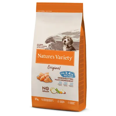 Nature's Variety Original kuivaruoka pennuille ja nuorille koirille, pääainesosa ruodoton kala, 2,4 kg lohta, viljaton, pakkauskoko 12 kg.
