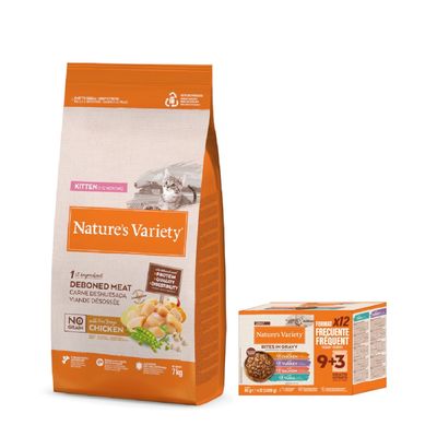 Nature's Variety 7 kg pienso + Bites en salsa 12 x 85 g ¡gratis! No Grain Kitten pollo campero (7 kg) + Bites en salsa (12 x 85 g)