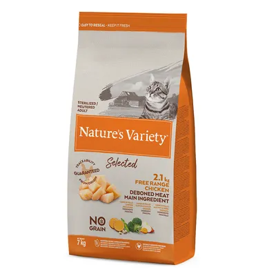 Nature's Variety Selected cat food, sterilised/neutered, main ingredient deboned free-range chicken, grain-free, 7kg pack.