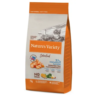 Опаковка Nature's Variety Selected за кастрирани котки, 7 кг. Основна съставка: норвежка сьомга без кости, 2,1 кг. Без зърно. Видими парчета сьомга, лимон и броколи. Опаковка Nature's Variety Selected за кастрирани котки, 7 кг. Основна съставка: норвежка сьомга без кости, 2,1 кг. Без зърно. Видими парчета сьомга, лимон и броколи.