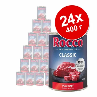 Набор из 24 консервов Rocco Classic Pure beef по 400 г. На банке: 100% fresh ingredients & grain-free, изображение говядины. Набор из 24 консервов Rocco Classic Pure beef по 400 г. На банке: 100% fresh ingredients & grain-free, изображение говядины.