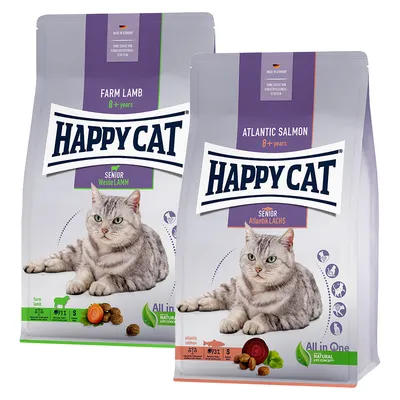 Happy Cat Senior torrfoder för katter från 8 år. Smaker: beteslamm och atlantlax. Tillverkat i Tyskland, utan konstgjorda konserveringsmedel.