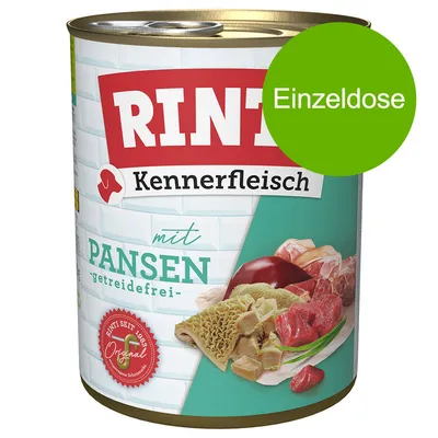 Rinti Kennerfleisch med kallun, kornfri. Enkeltdåse med billede af kød og originalt segl 'Rinti seit 1926'.