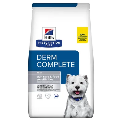 Hill's Prescription Diet Derm Complete Mini, skin care & food sensitivities, veterinarian recommended. 100% satisfaction guarantee. Kuvassa valkoinen koira pakkauksessa. Hill's Prescription Diet Derm Complete Mini, skin care & food sensitivities, veterinarian recommended. 100% satisfaction guarantee. Kuvassa valkoinen koira pakkauksessa.