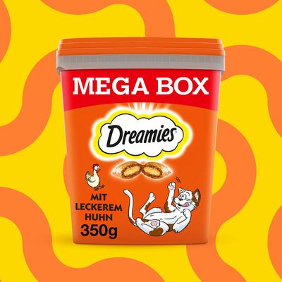 Boîte Dreamies MEGA BOX 350g, texte visible : mit leckerem Huhn, illustration de croquettes, poule et chat. Texte en allemand.