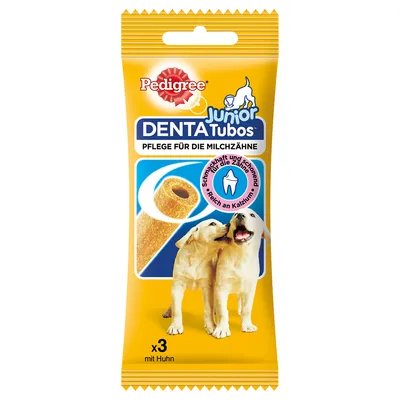 Pedigree Junior Denta Tubos, nega za mlečne zobe, bogato s kalcijem, s piščancem, paket vsebuje 3 kose.
