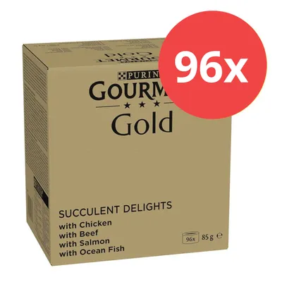 Purina Gourmet Gold Succulent Delights, 96x85g, variedades: pollo, ternera, salmón, pescado marino.