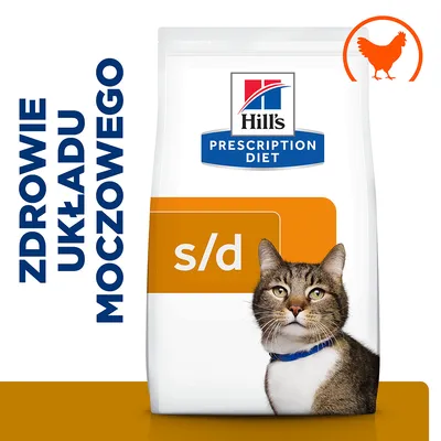 Hill's Prescription Diet s/d dla kota, zdrowie układu moczowego, opakowanie z wizerunkiem kota i ikoną kurczaka