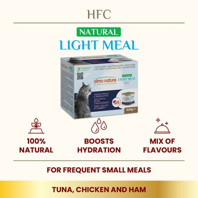 Natural light meal with tuna, chicken and ham. 100% natural, boosts hydration, mix of flavours. Suitable for frequent small meals. Product box shown.